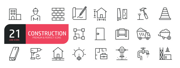 Obraz premium Set of line icons related to building, home repair, excavator, contractor, renovation. Outline icons collection. Editable stroke. Vector illustration.