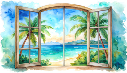 A charming watercolor depicts an open window framing a stunning tropical beach view with palm trees, turquoise water, and distant mountains