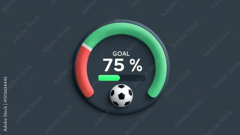 Poster soccer progress indicator 75% completion goal with modern design featuring vibrant colors and circul