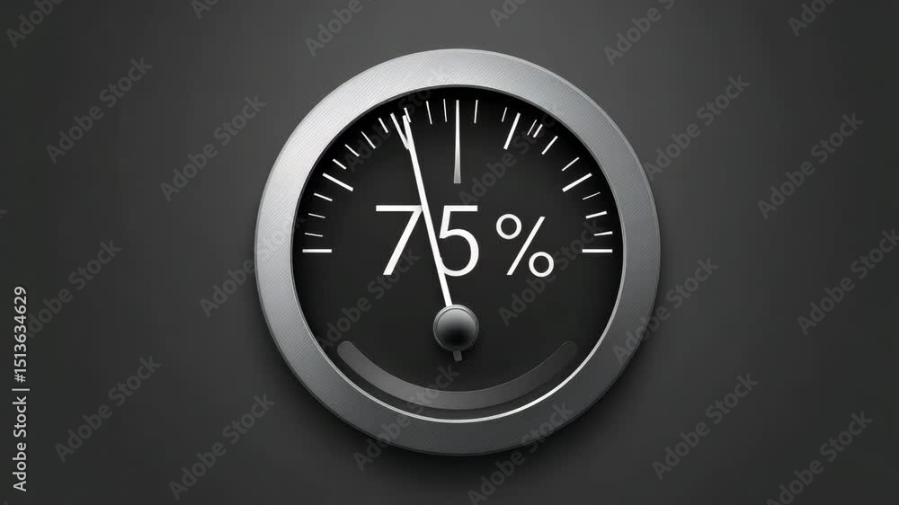 Poster sleek black gauge indicator displaying 75% progress measurement, showcasing modern design and precis