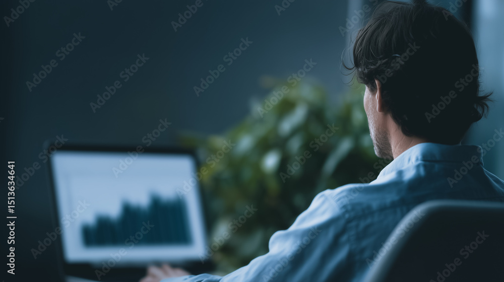 Poster data analysis and focus: captivating view of a man deeply engrossed in analyzing data on a laptop. t