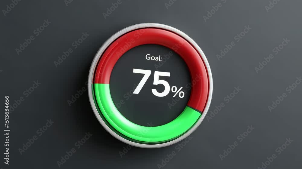 Poster circular progress indicator design achieving 75% goal with colorful achievement percentage display