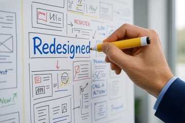 Website Redesign Planning Process Hand Sketching User Interface Design Mockup on Whiteboard Modern Business Strategy Development Creative Workflow Planning Session New Website Project Development UI  