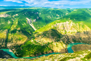 Panoramic landscape of a deep picturesque canyon of the Caucasian mountains of Dagestan and the...