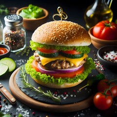Testy prime chick patty beef burger sandwich with flying ingredients eat food, Generative AI