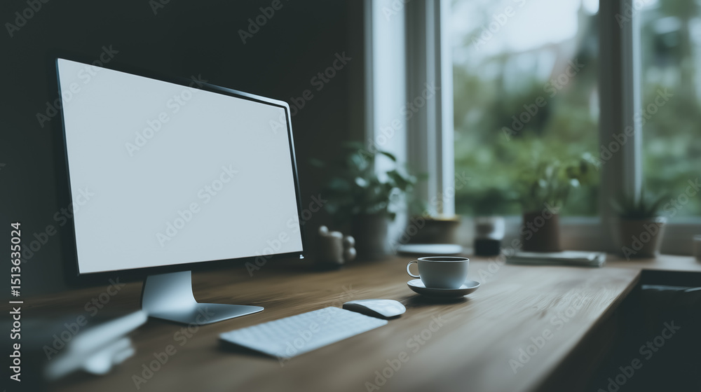 Poster modern workspace mockup: a sleek desktop computer with a blank screen sits on a wooden desk, surroun