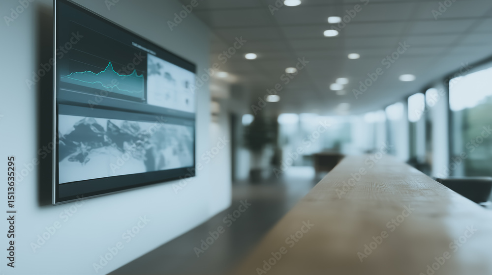 Poster modern analytics in office: a hallway showcases state-of-the-art monitoring, embodying efficiency an