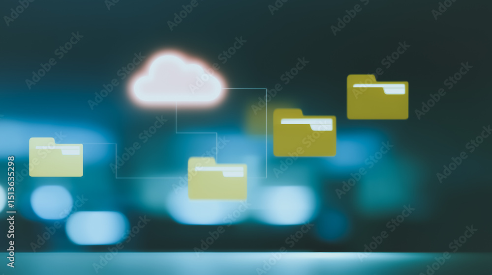 Poster cloud data storage: secure cloud storage concept showing data files and folders connected to a glowi