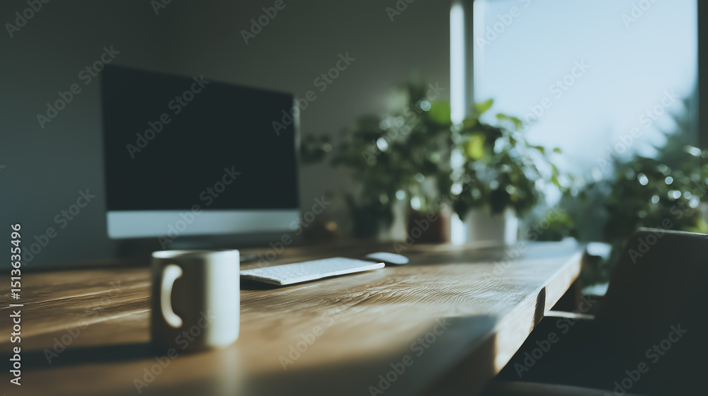 Poster workspace serenity: a minimalist workspace is bathed in natural light, creating a serene and product