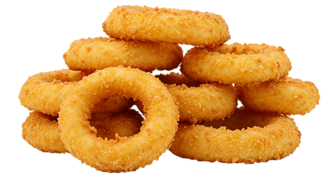 A close-up shot of a delicious stack of freshly fried, golden onion rings ready to eat.