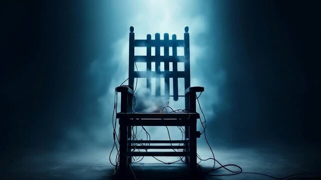 Electric chair prison room in a dark atmospheric execution chamber. Perfect for crime documentaries or cinematic horror scenes.