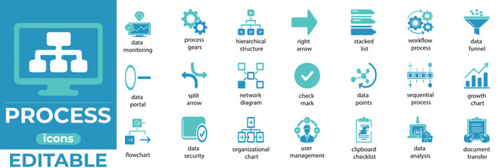 Minimal process icons for workflow, planning, data, and strategy use