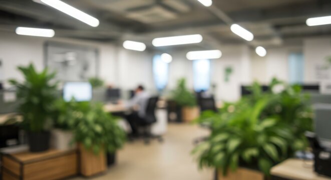 Vibrant open office blur with lush green plants & natural light. Fresh backdrop for eco-friendly & wellness themes.