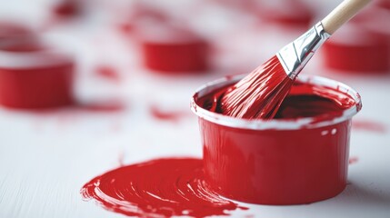 A vibrant red paint can and brush signify an artist's readiness, embodying the passion and creativity involved in the artistic process, encouraging inspiration and imagination.