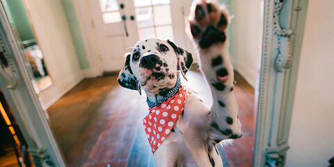 Adorable Dalmatian Puppy Playfully Posing with Paw Raised