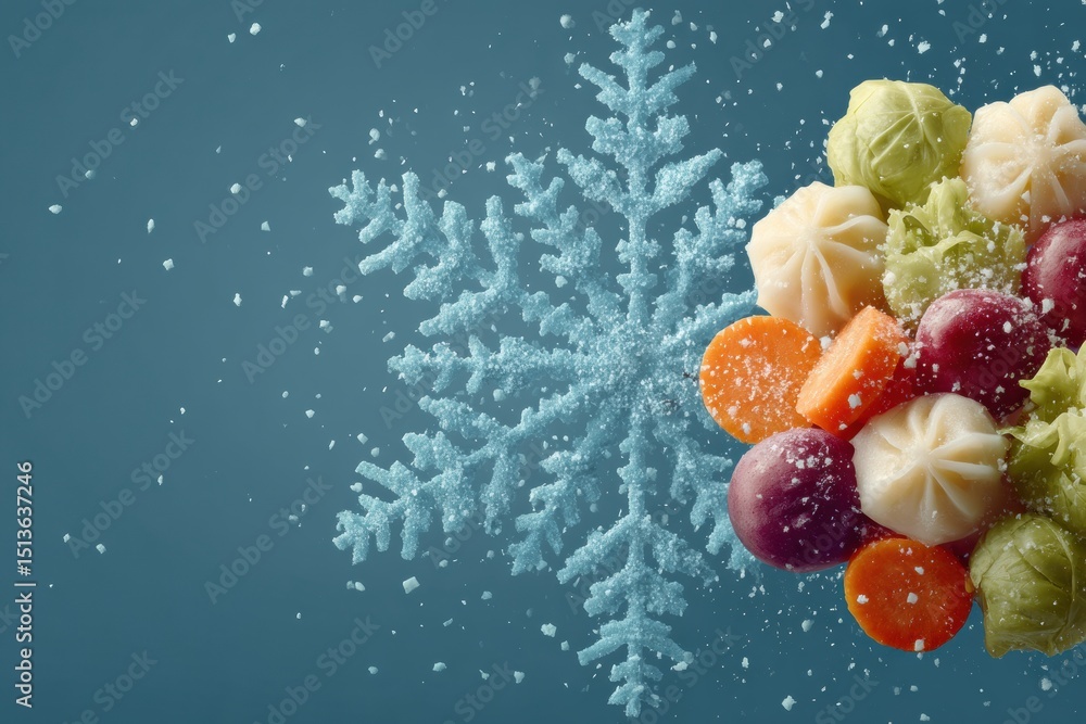 Aufkleber frozen dumplings and colorful vegetables on a stylized snowflake background presenting a winter culi