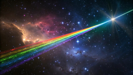 Cosmic rainbow stream across starry nebula background