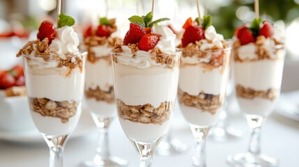 A delightful parfait served in elegant glasses, layered with creamy yogurt, crunchy granola, and fresh strawberries, creating a delightful treat for dessert lovers.