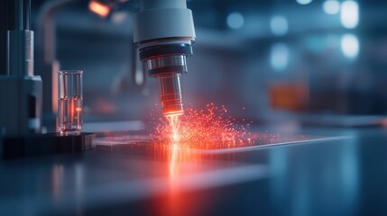 An advanced microscope in action illuminated by luminous particles, symbolizing the spirit of scientific exploration and the beauty of discovery in a lab environment.