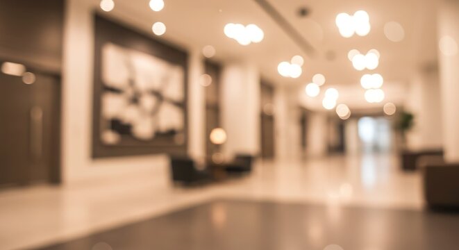 Grand office lobby blur with warm light & abstract art. Inviting backdrop for luxury, hospitality, and corporate branding.