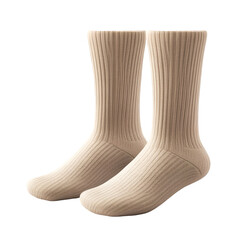 Pair of Beige Ribbed Cotton Socks on White Background