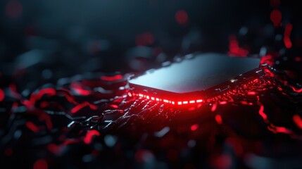 A sleek, high-tech device featuring vibrant red LED lights, surrounded by a futuristic landscape, evokes a sense of innovation and advanced technology in a digital world.