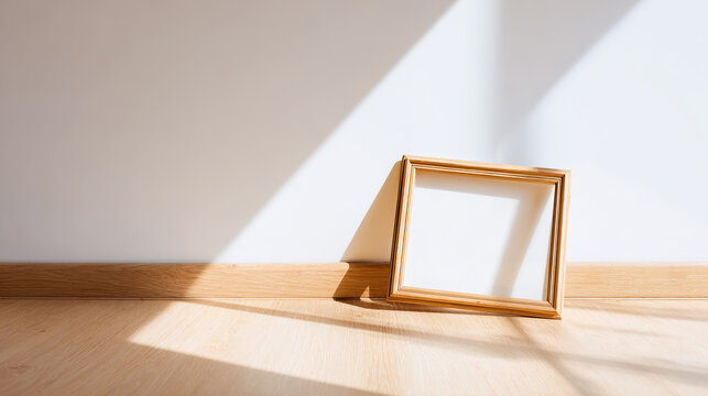 Empty wooden frame on oak floor, morning light casting shadows. Minimalism and space for imagination.