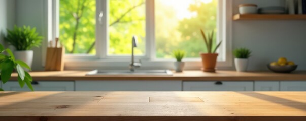 Fototapeta premium Clean, empty wooden desk; blurred kitchen window backdrop, home, empty, kitchen