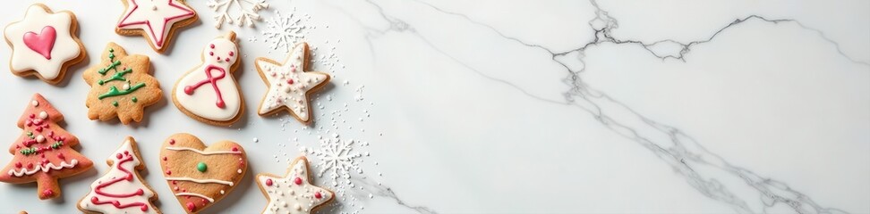 Cute Christmas cookies edge a white marble surface; holiday baking concept , festive, cookies, dessert