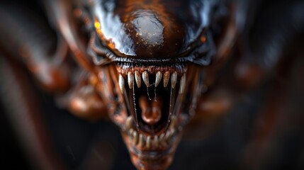 A close-up image of a menacing alien creature showcasing sharp teeth and a glossy texture, eliciting emotions of fear and fascination in the realm of science fiction.