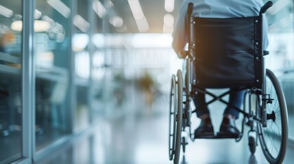 A man in a wheelchair navigates a bright, modern hall, symbolizing resilience and independence while highlighting accessibility in contemporary spaces designed for all.