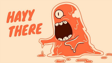 A peculiar orange slime monster with one eye and a wide, screaming mouth showing sharp teeth, melting or oozing onto a light orange background. The text 
