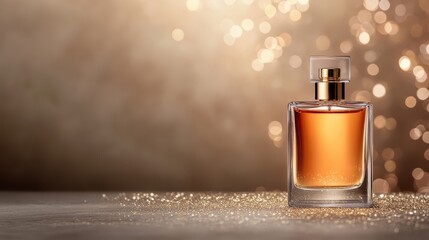 A chic perfume bottle glitters under soft lighting, evoking a sense of luxury, elegance, and the rich aroma it holds, perfect for evoking emotions and memories.