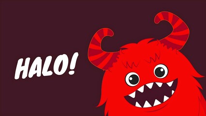 A vibrant red, fluffy monster with large, striped horns and a wide, toothy grin, peeking from the side of a dark red background. The text 