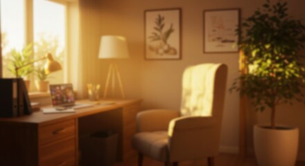 Cozy home office blur with warm golden hour light. Ideal for remote work, lifestyle, and personal branding content