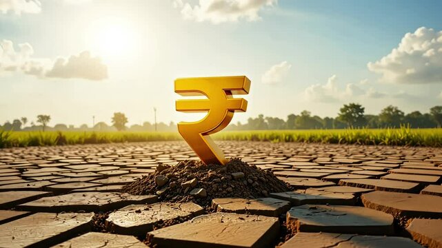 Rupee symbol rising from cracked soil, representing rural economic upliftment and financial empowerment of farmers