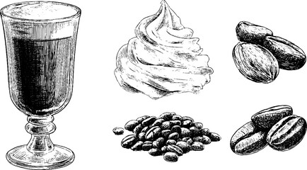 Engraved art set featuring irish coffee glass and ingredients for beverage design