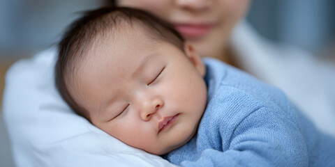 A peaceful baby sleeps soundly in a woman"s arms, wrapped in a soft blue sweater, expressing warmth and security.