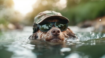 A cheerful dog wearing a camouflage cap and sunglasses enjoys swimming in crystal-clear water, embodying a fun and adventurous spirit in a natural setting.