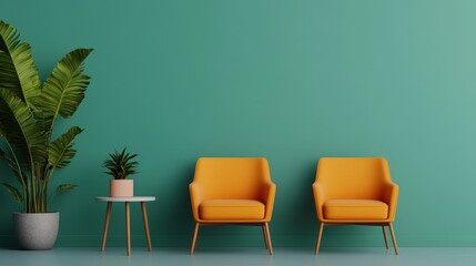 Two orange armchairs, a small table with a plant, and a large potted plant against a teal wall in a modern, minimalist room.