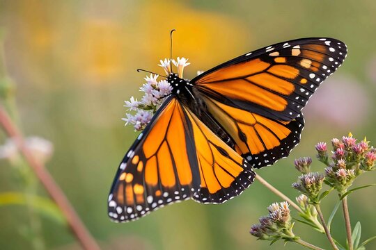 Monarch butterfly on purple flowers in meadow
