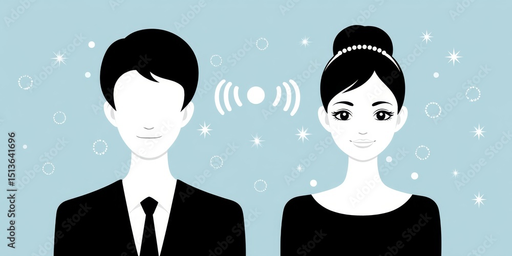 Poster a minimalist flat design showing silhouettes of two people connected by a video call line