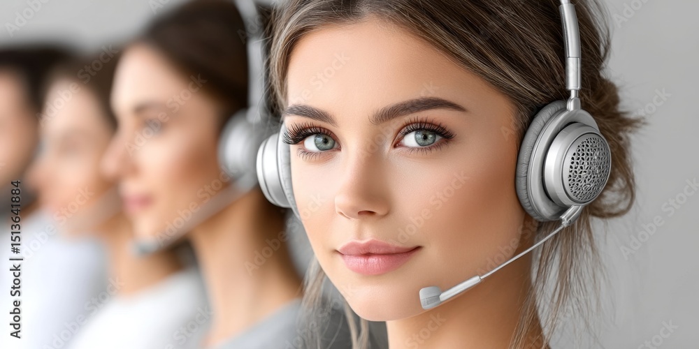 Poster a realistic photo of a busy call center with agents talking to customers through headsets