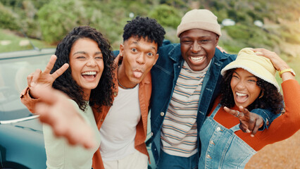 Travel, selfie and people with friends, funny and smile with reunion, profile picture and journey. Silly, outdoor and group with holiday, expression and road trip with photography or bonding together