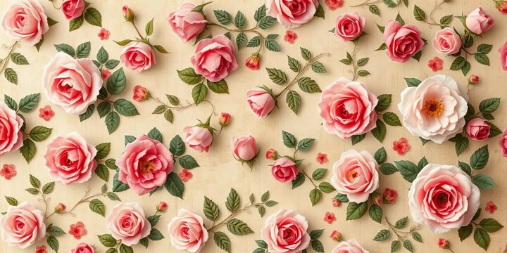 Faded rose and ivy floral wallpaper, distressed Victorian pattern, vintage wallpaper, shabby chic