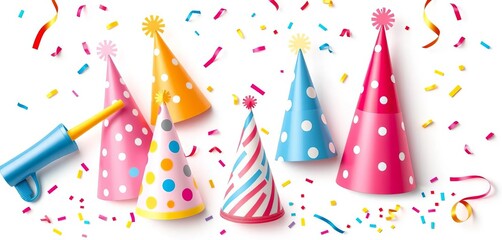 Obraz premium Flat vector illustrations of birthday party hats, blowers, and confetti, isolated on white background, pastel, hats