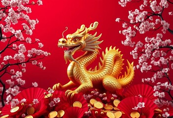 Obraz premium Golden dragon statue amidst red fans, cherry blossoms, gold coins on red background, copy space, symbol