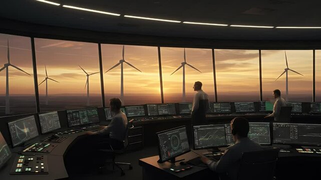 Wind Farm Control Room at Sunset: Sustainable Energy Management