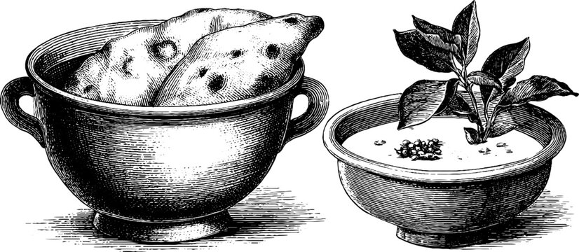 black and white bowls with food and plant clip art preview