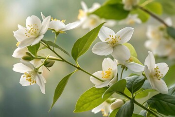 Delicate white jasmine blossoms on branch